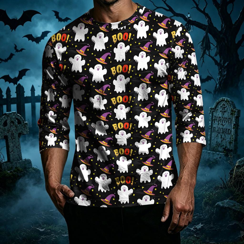 Men's Casual Halloween Print Crew Neck T-Shirt Three Quarter Sleeve Relaxed Fit Lightweight Cotton Blend Top for Everyday Wear