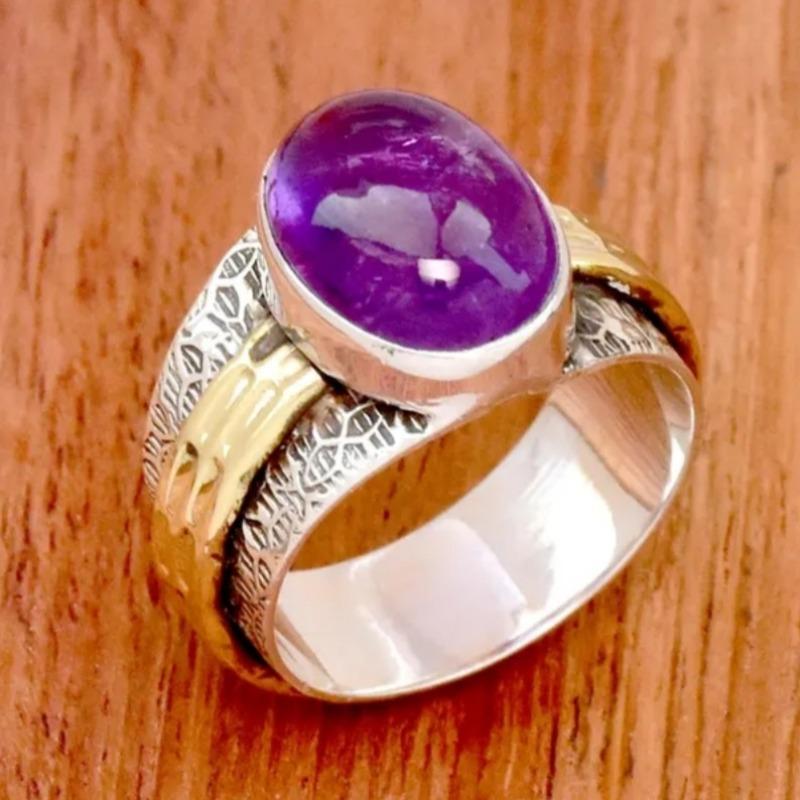 Ethnic Inlaid Purple Stone Women's Ring Vintage Two Color Hand Carving Daily Wear Party Jewelry Anniversary Gift