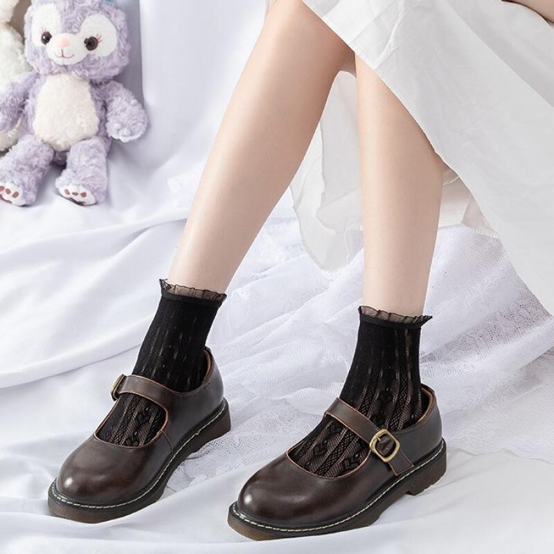 Women s Student Pattern Chiffon Lace Knee Socks White 3P