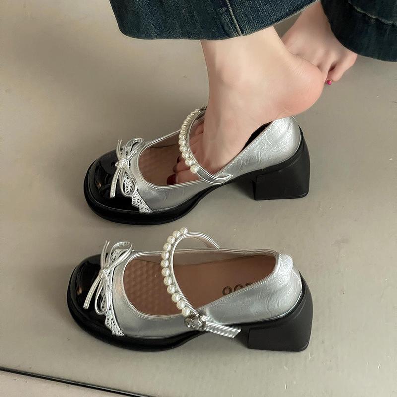 Versatile Retro Bow High-heeled Mary Jane Shoes Women's Summer Fashion Casual Pearl One-word Thick-soled Thick-heeled Single Shoes