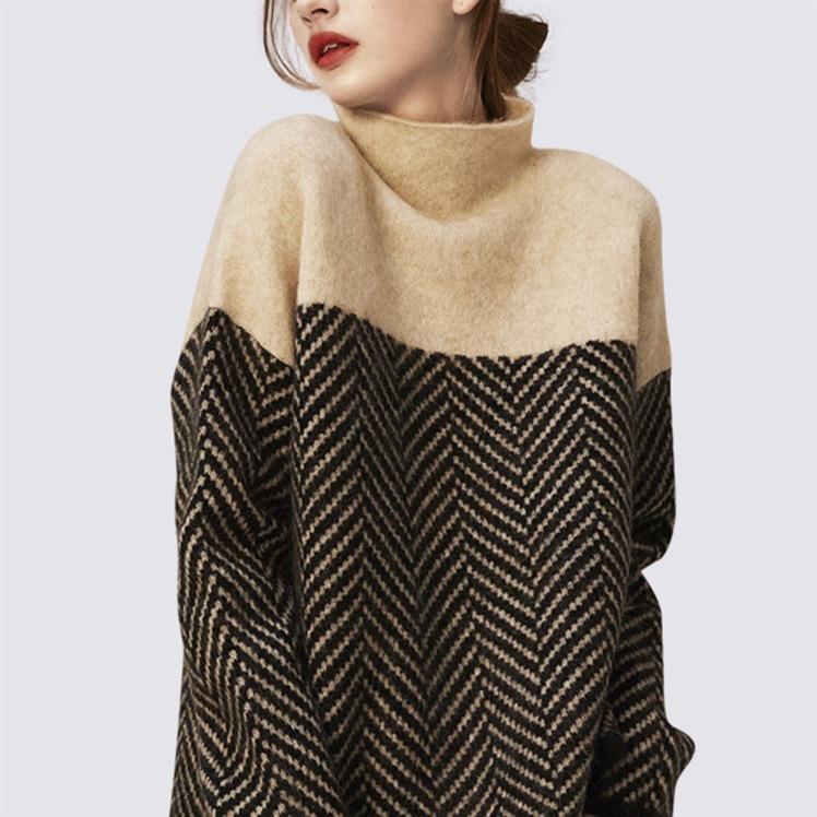 Suéter de punto de bloques de color retro de cuello semi alto Otoño/invierno Nuevo suéter holgado