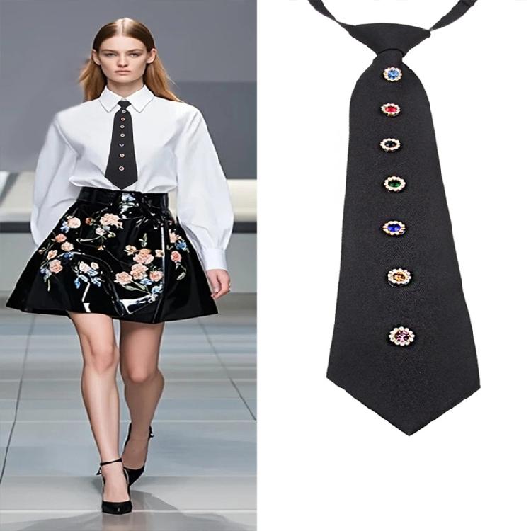 Adjustable Two-Level Necktie Sparkling Crystal Flower Pattern Lightweight Polyester For Daily Wear
