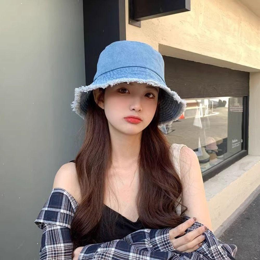 Tassel Washed Denim Bucket Hat Wide Brim Summer Sun Hat Simple Denim Fisherman Hat  Outdoor