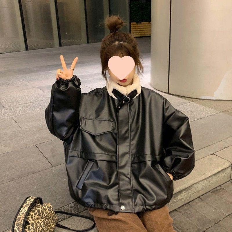 Women's Stylish PU Leather Stand Collar Jacket - Age-Reducing, Plus Velvet, Thickened for Autumn/Winter 2025 Motorcycle Fashion.