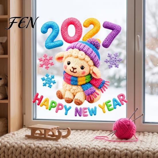 Winter Theme Window Decals Chinese New Year Stickers, 2027 Goat Static Clings, Reusable Removable Art Crochet Knit Lamb Decals, Decor for Home