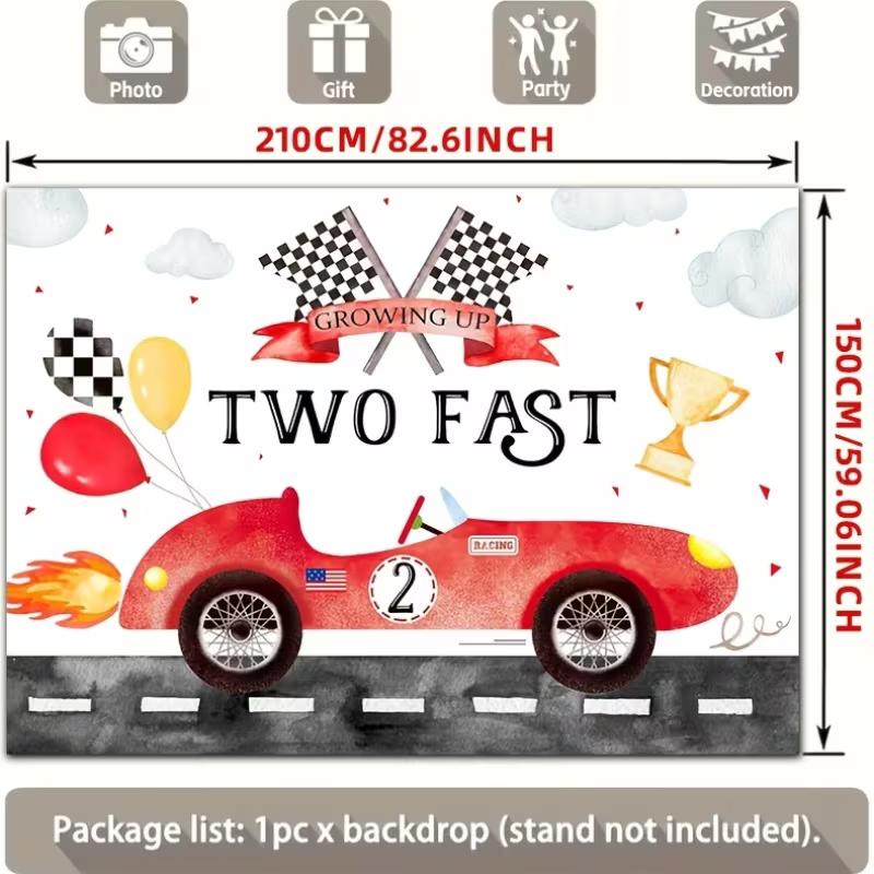 2D Two Fast Birthday Backdrop, Vintage Race Car and Checkered Flag Photography Background