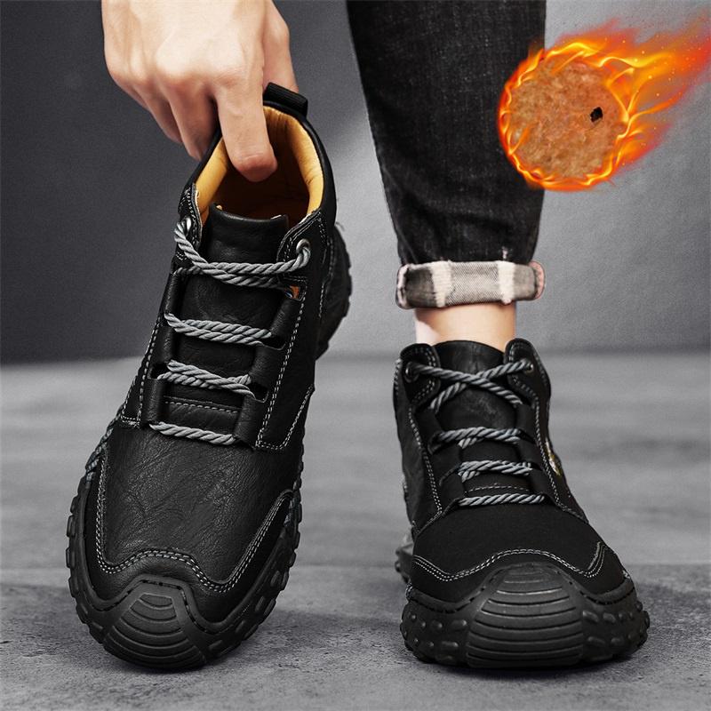 Mens Handmade Casual Leather Loafers Casual Shoes High Boots Leather Winter Sport for Men Soft and Comfortable Non-slip Cotton-padded Ankle Boots