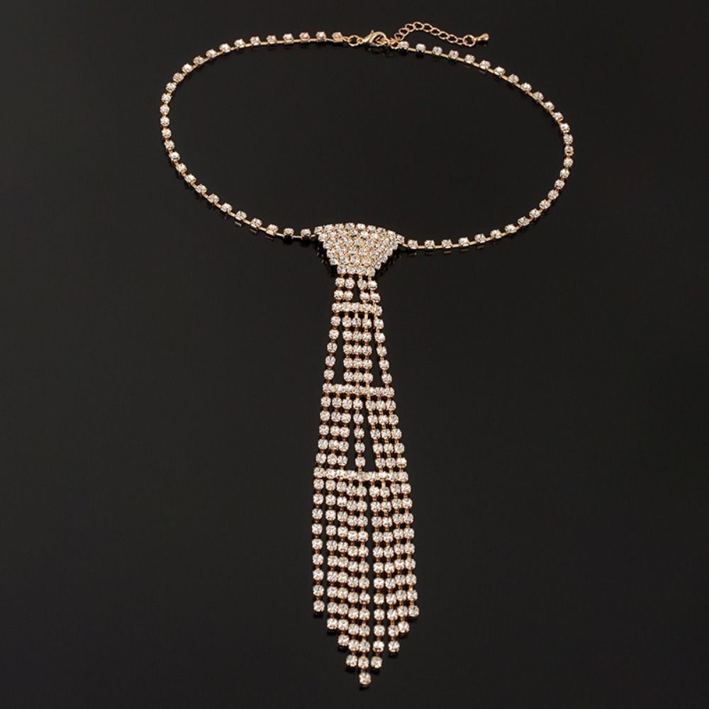 Charm Tie Shape Necklace Exaggerated Crystal Chain Choker Rhinestone Tassel Necklace  Party