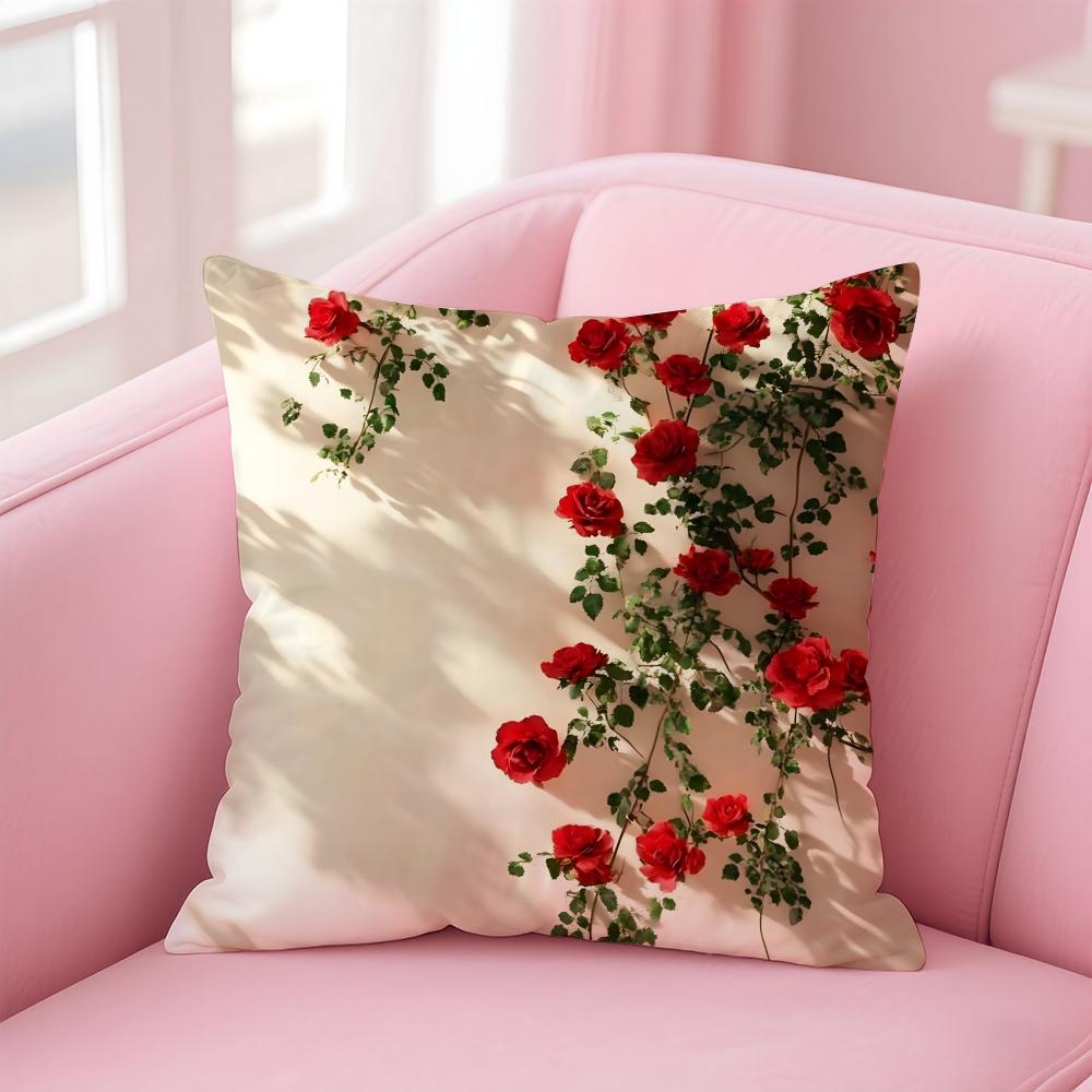 Romantic Red Rose Floral Cushion Cover Pillowcase Short Plush Invisible zipper Room Sofa Cushion Cover