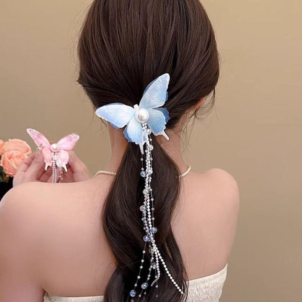 Imitation Pearl Butterfly Hairpin Mesh Butterfly Hair Clip Exquisite Tassel Duckbill Clip  Daily