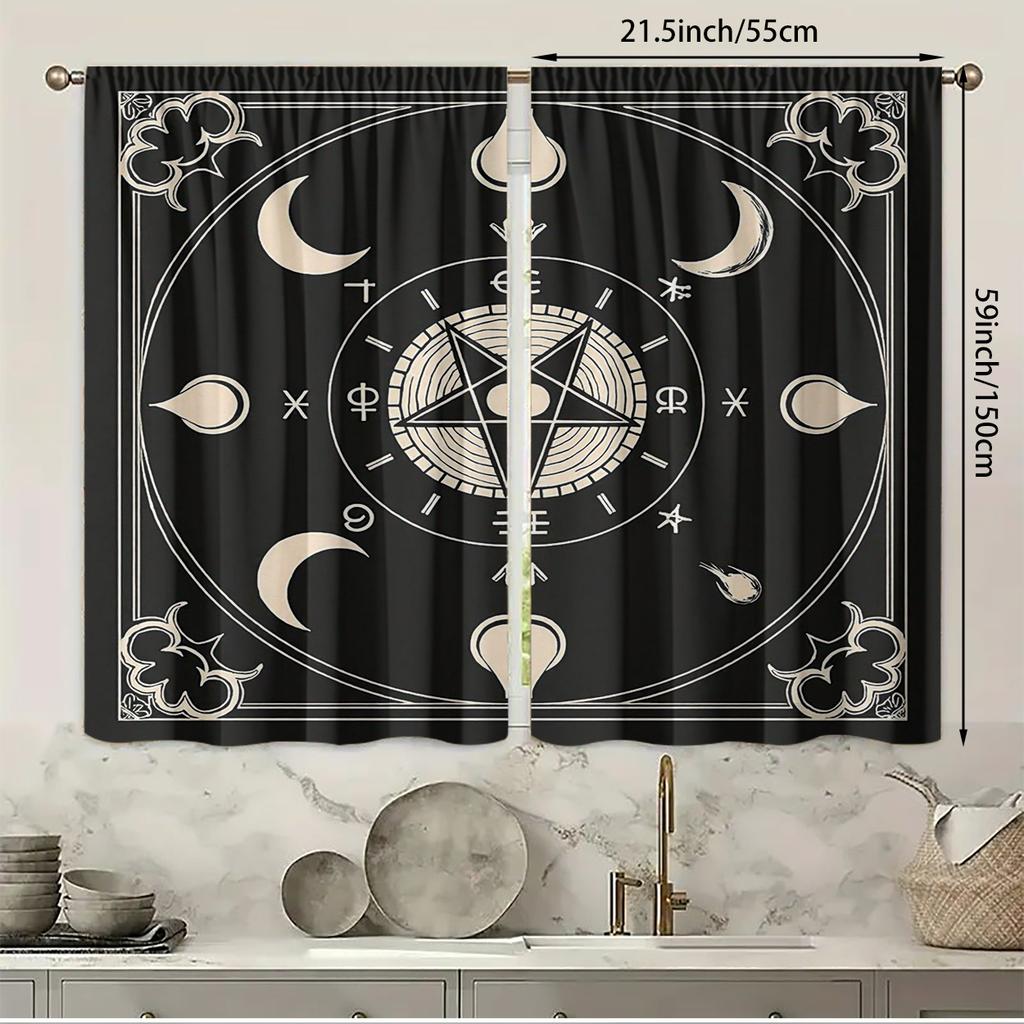 Set Of 2 Mystical Zodiac Moon Phase Print Curtains Black Polyester Drapes Design Perfect Curtain Semi Sheer Made With Rod Pocket