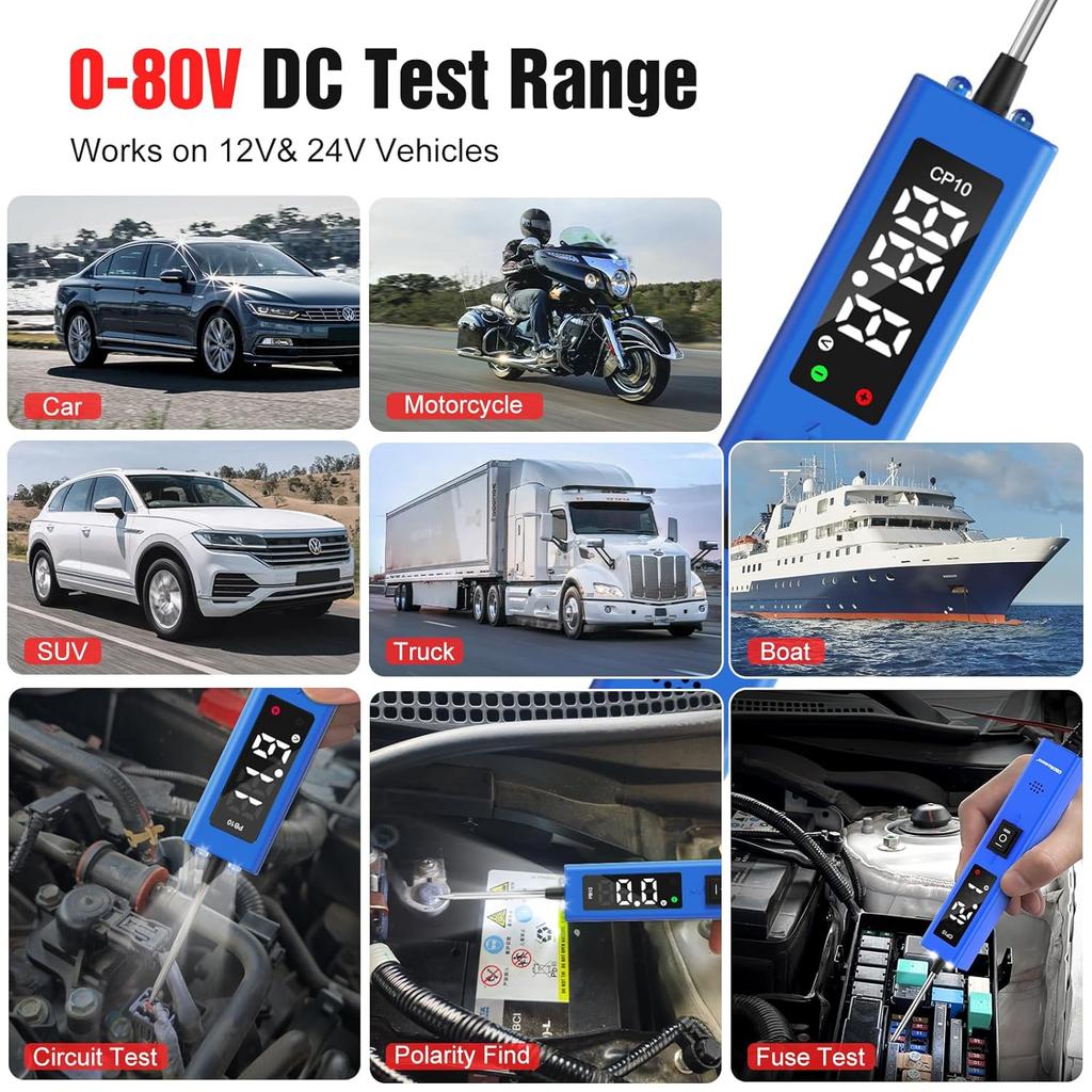 CP10 Automotive Circuit Tester 0-80V Automotive Power Circuit Probe Multifunctional Electrical System Diagnostic Tool