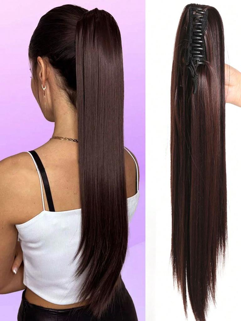 Synthetic Hair Extensions 24 Inch Long Straight Claw Clip Ponytail Wig Suitable For Women's Daily Party Use