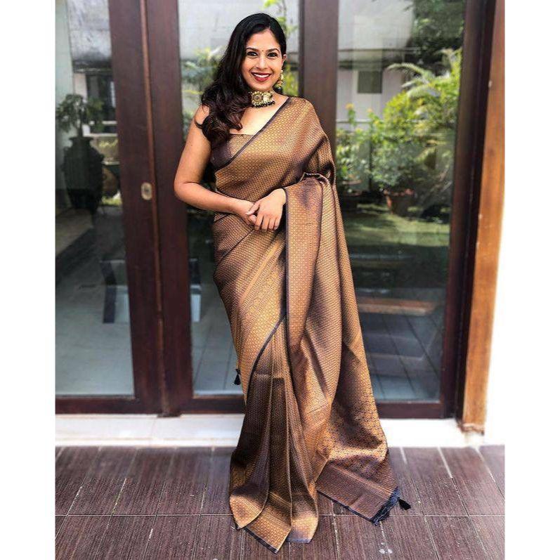 Der ALMAARI-Laden ist mit wunderschöner Zari-Arbeit in Form traditioneller Motive geschmückt. Dieser schöne Sari ist elegant verziert