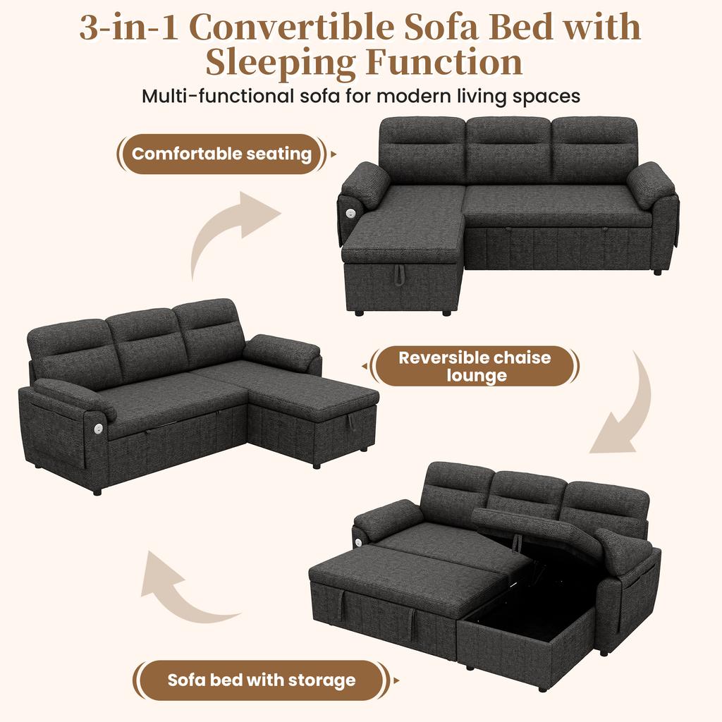 L-förmiges Ecksofa mit links/rechts ausziehbarer Ottomane, Schlaffunktion, Stauraum in der Ottomane, USB/Typ-C-Panel, Chenille-Stoff, Grau.