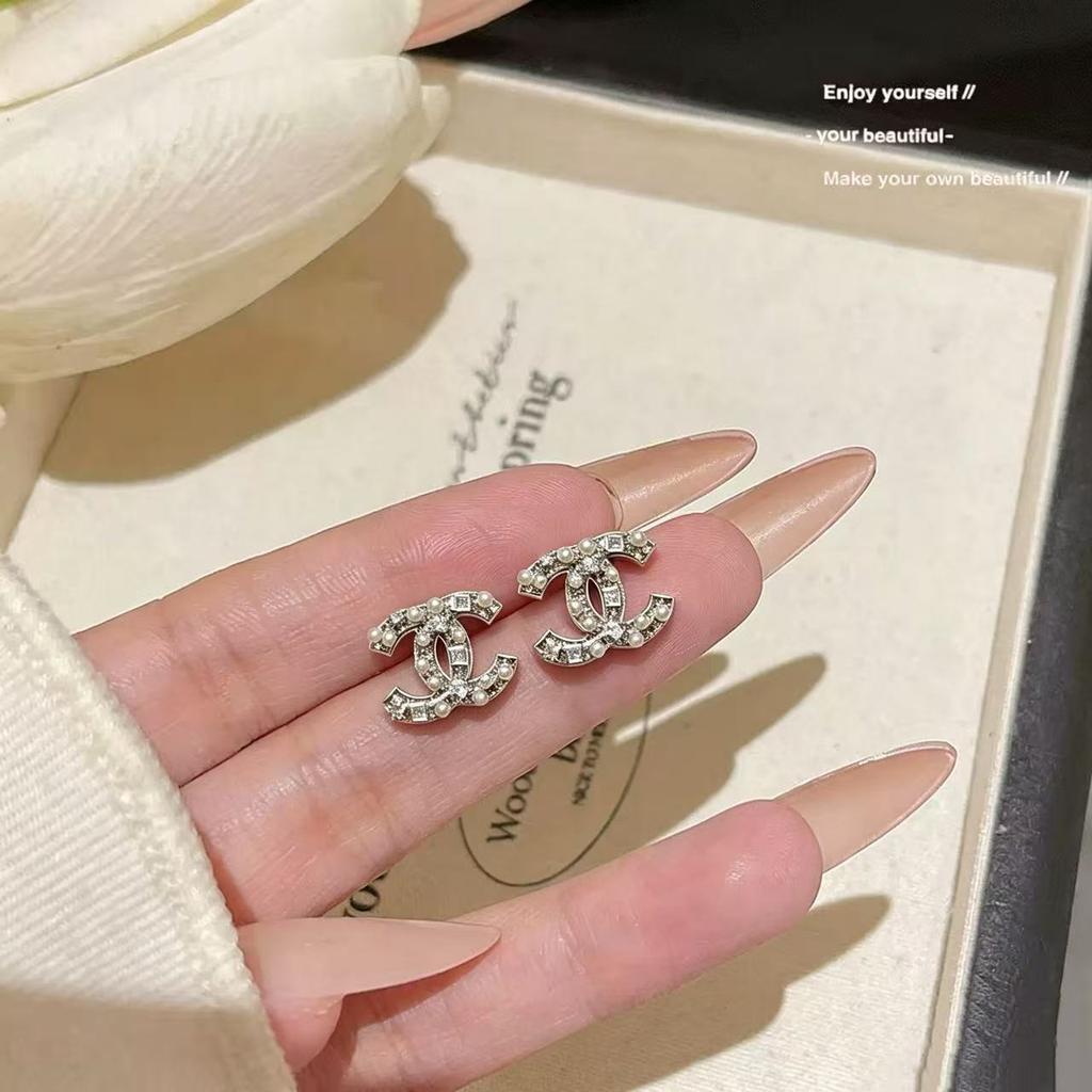Orecchini di Lusso con Doppio Disegno C Full Strass Gioielli di Moda Eleganti Per Donna
