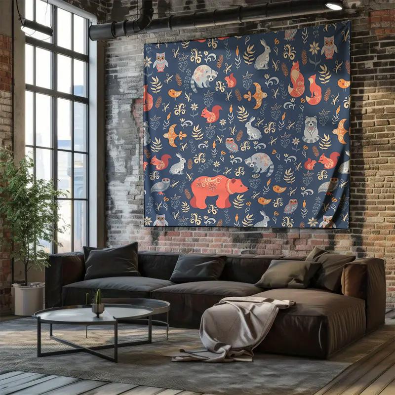 Whimsical Forest Tapestry Woodland Animals Deer Fox Bear Nature Home Decor Wall Hanging Room Aesthetic Bedroom Living Room Art