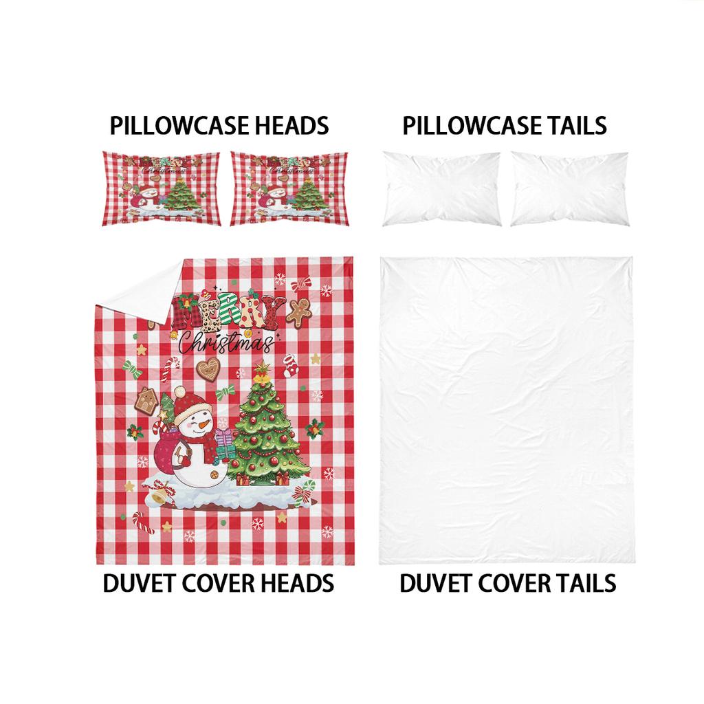 Christmas Bedding Collection - 3PCS Set Red Check Pattern Featuring Snowman Tree and Holiday Elements