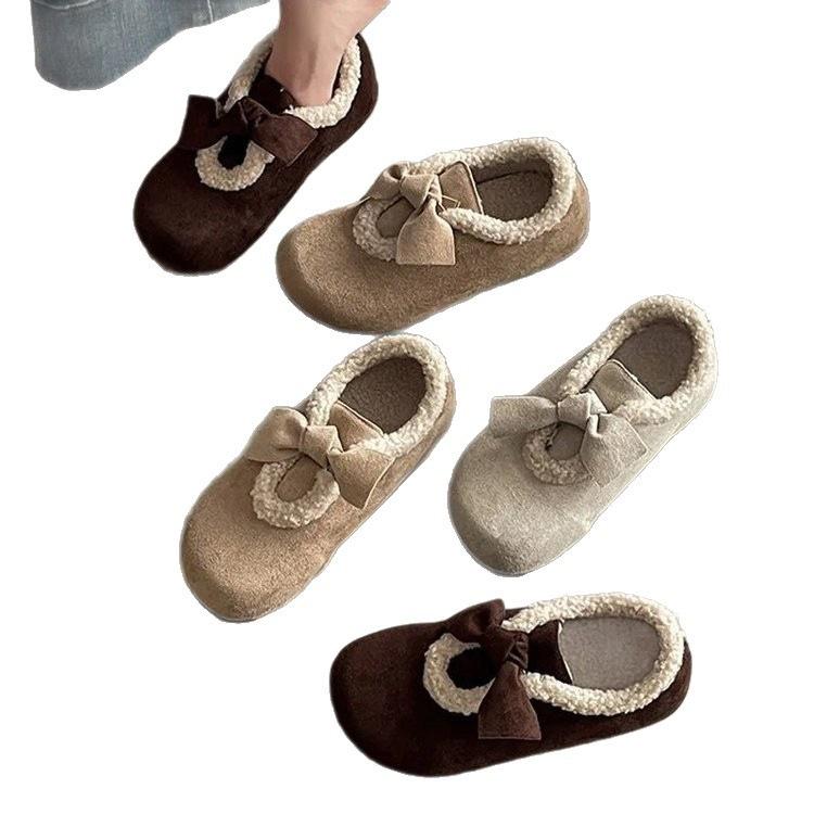 Fleece warm and fleece Birkenstocks winter new non-slip bow wear warm fluffy shoes