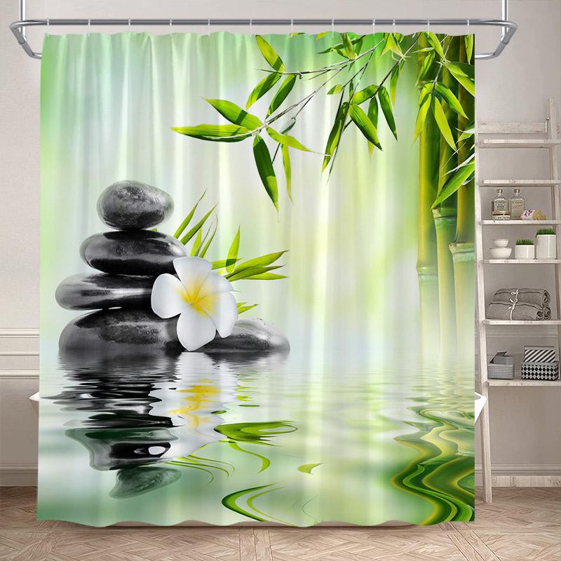 Zen Shower Curtain Natural Flowers Butterfly Grey Stone Reflection Spa Scenery Home Bathroom Decor Polyester Fabric Bath Curtain