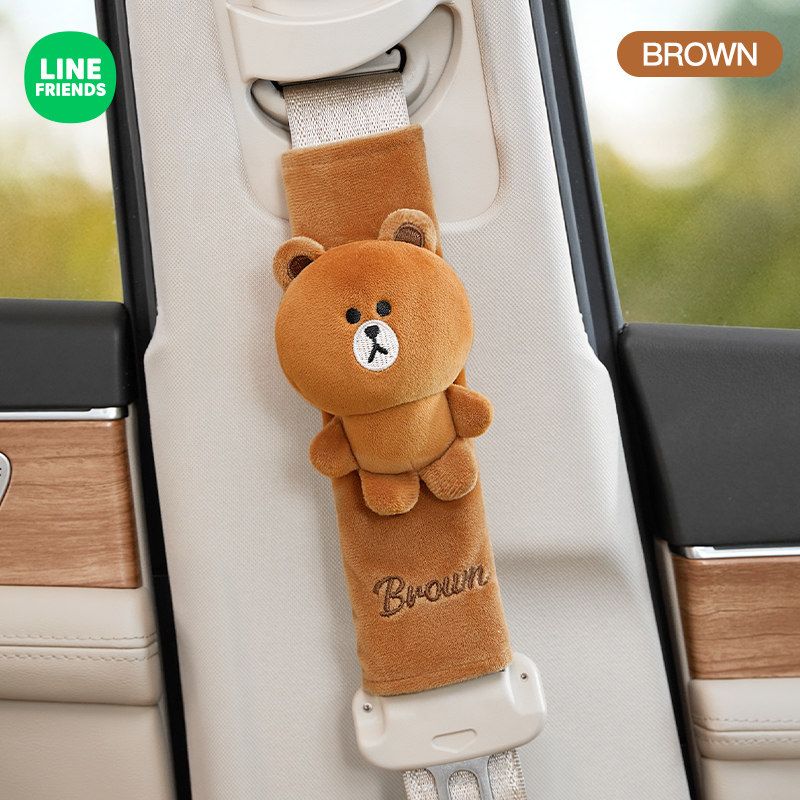 Line Friends Car Seatbelt Shoulder Pad Protective Cover Cute Car Doll Seatbelt Anti-Neck Strangulation Protector Brown [Security Belt Shoulder Cover]