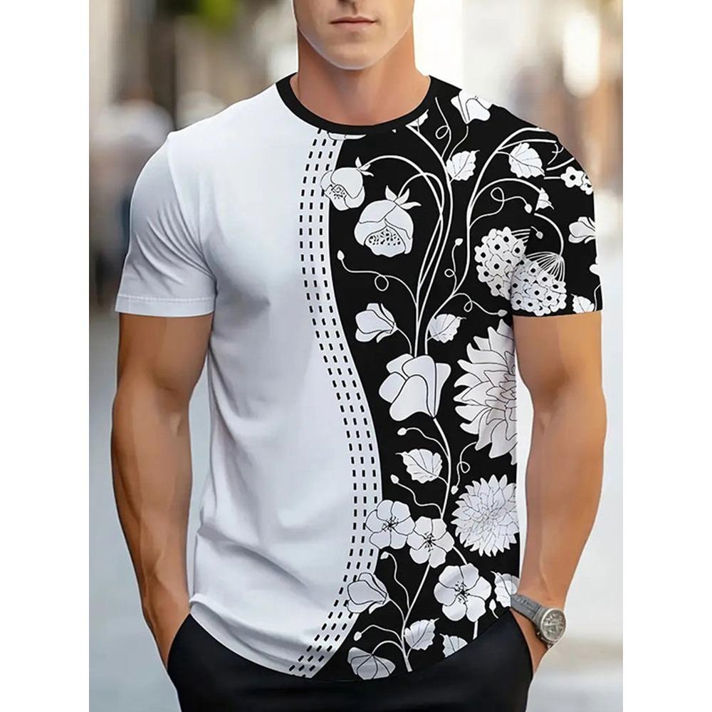 Retro-style 3D Flower-printed Men s Short-sleeved Outdoor Sports Men s Fitness T-shirt Urban Street Men s Fashionable T-shirt M