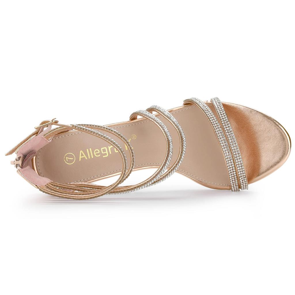 Allegra K Women's Ankle Strap Sandals with PU Rhinestones and Stiletto Heels, Rose Gold, Size 26.0cm
