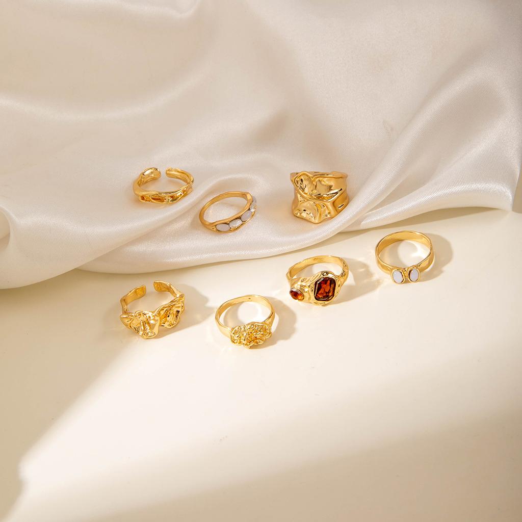 7Pcs/set Punk Red Crystal Rings for Women Men Vintage Irregular Geometric Metal Couple Ring Set Fashion Jewelry Accessories