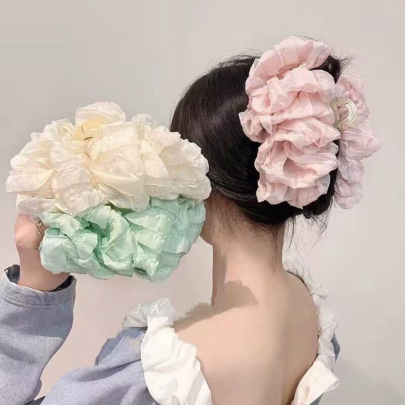 Sweet Mesh Tulle Big Bow Hair Claw Clips for Women Solid Colours Elegant Bowknot Ponytail Clip New Headdress Accessories