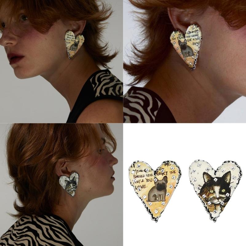 Asymmetrical Animal Doodles Earrings Heart Shape Ear Studs with Cats Dog Patterns Alloy Texture Suitable for Fashion Women