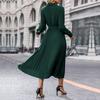 Damen Herbst Winter Langarm V-Ausschnitt Spitze A-Linie Knielanges Kleid Einfarbig