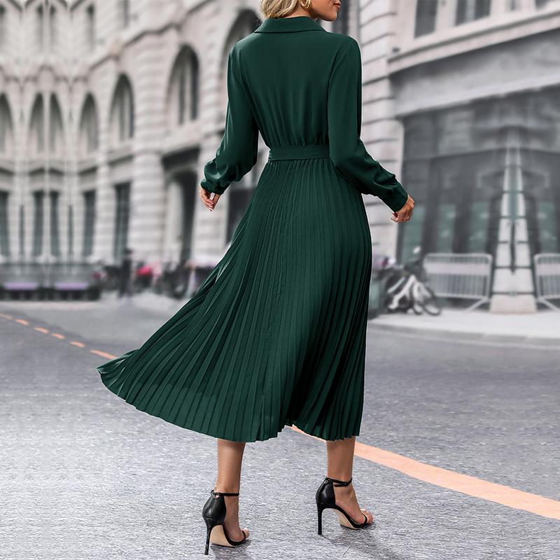 Damen Herbst Winter Langarm V-Ausschnitt Spitze A-Linie Knielanges Kleid Einfarbig