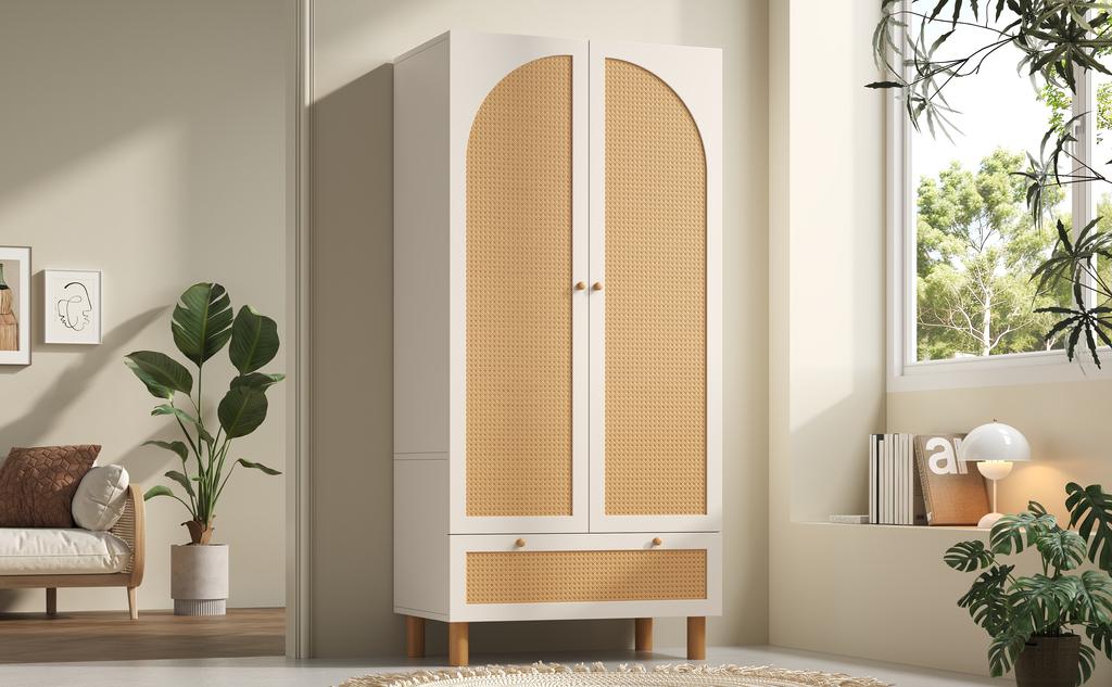 Kleiderschrank mit 2 Türen & Rattan, Landhausstil Weiß, Schublade, Höhenverstellbare Einlegeböden & Kleiderstange, Kippsicherung, 180x85x52 cm (H/B/T)