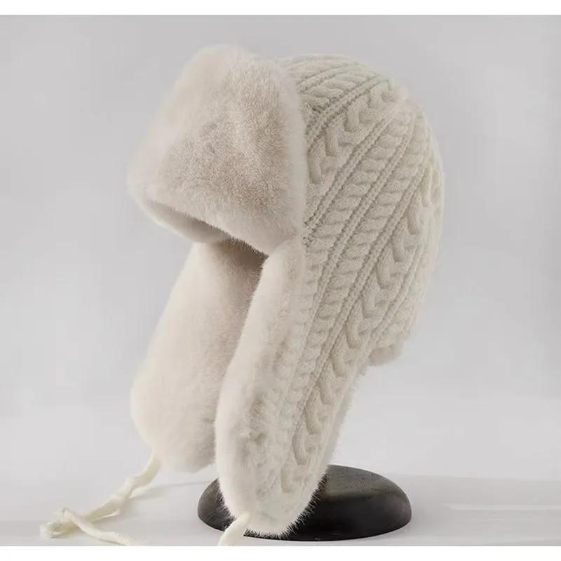 Women'S Knit Hat With Extended Ear Flaps - Windproof Winter Cap For Cycling Korean Style Thickened Tie-Fastened Design