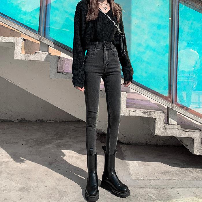 2025 Frühling Damen High-Waist Slim Fit Rauchgraue Fleecegefütterte Bleistiftjeans