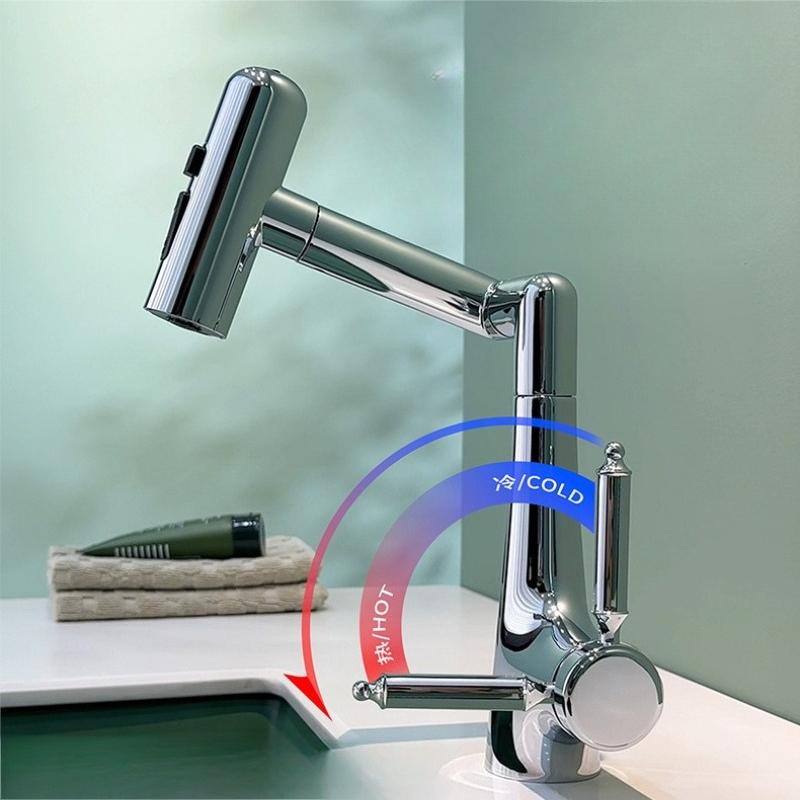 Basin Faucet Hot and Cold Bathroom Sink Multi-Mode Water Outlet Mechanical Arm Rotating Wash Basin Faucet