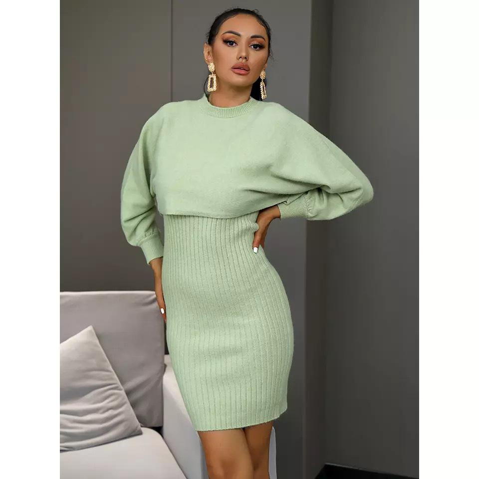 Autumn and Winter Fashion Sexy Knitted Dress Two-piece Set Solid Color Long- sleeved Sweater for Women Buy cheaply on Joom