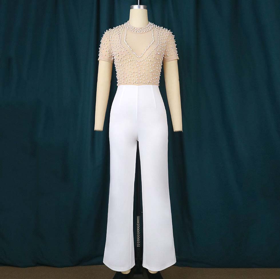 Elegantes Monos Ropa de una Pieza Mujer Cuello Redondo Manga Corta Con Cuentas Cintura Alta Lujo Femenino Cena de Cumpleaños Fiesta Monos Conjunto