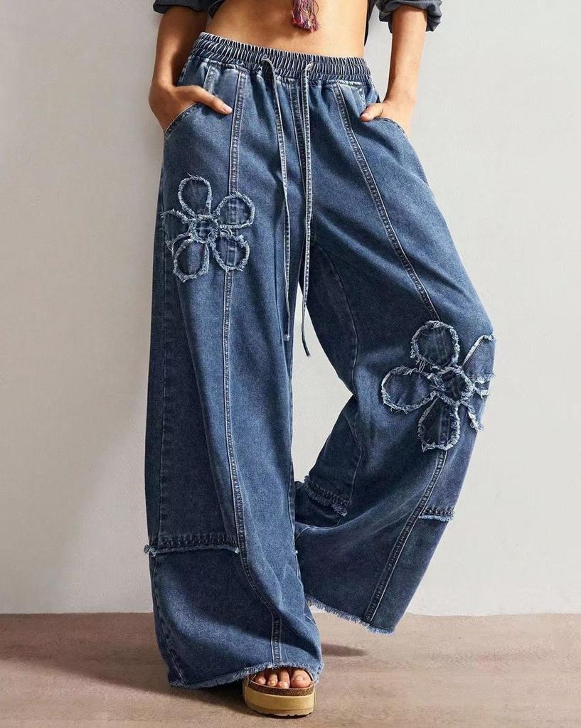 Jeans de Mujer Bordados de Cintura Alta Sueltos Casuales Cintura Elástica Pierna Ancha Largos de Denim Streetwear