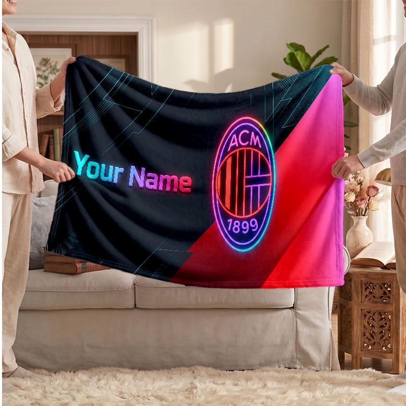 Couverture polaire personnalisée AC Milan avec logo de football, texte de nom personnalisé, couverture d'appoint douce et chaude pour la maison