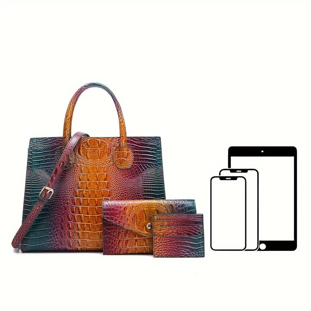 3 Pcs Crocodile Pattern Handbag & Purses Set, Multi-functional Vintage Top Handle Crossbody Bag & Business Clutch Bag & Card Coin Purse