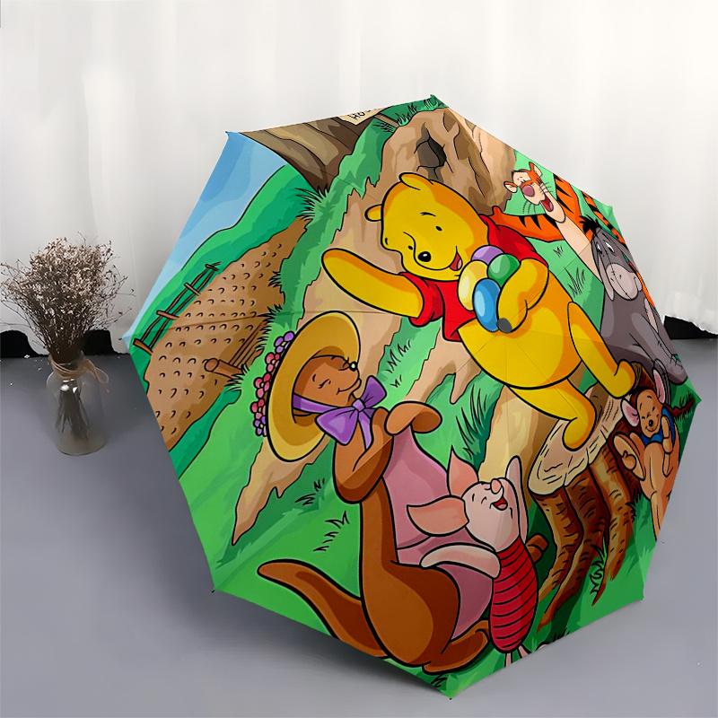 Ombrello da Viaggio a Tema Winnie the Pooh e Amici - 8 Stecche, Apertura e Chiusura Automatiche, Design Pieghevole Portatile, Ombrello Compatto ed Elegante Adatto