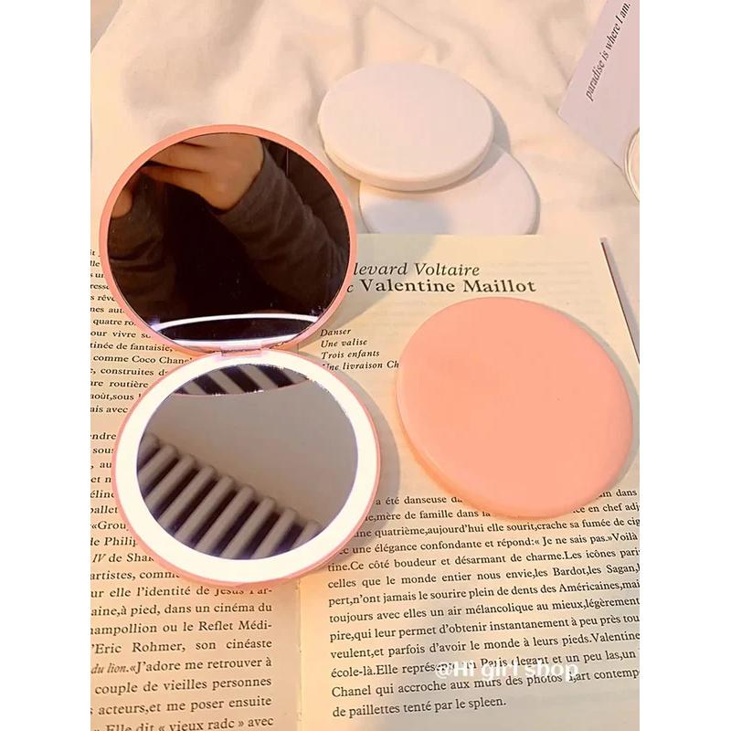 LED Foldable Makeup Mirror, Women Mini Mirror, Small Pocket Mirror, Pink And White Luminous Effect