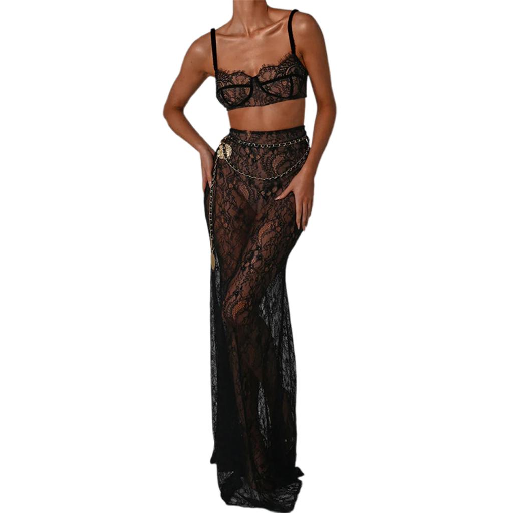 Women Lingerie Set Lace See-Through Sleeveless Camisoles High Waist Long Skirts with Chain 2Pcs Sleepwear Outfit