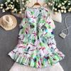 French holiday style super fairy chiffon printed V-neck dress women's elastic waist and thin ruffle edge medium and long dress