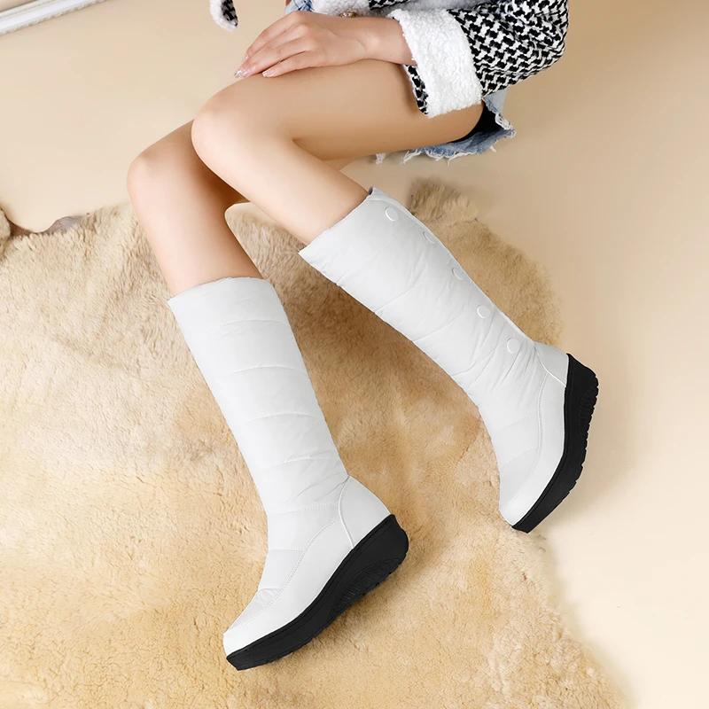 New Forst Winter Snow Boots Women Mid Calf Warm Plush Wedges Shoes Waterproof Down Patchwork PU Buttons Platform Boots