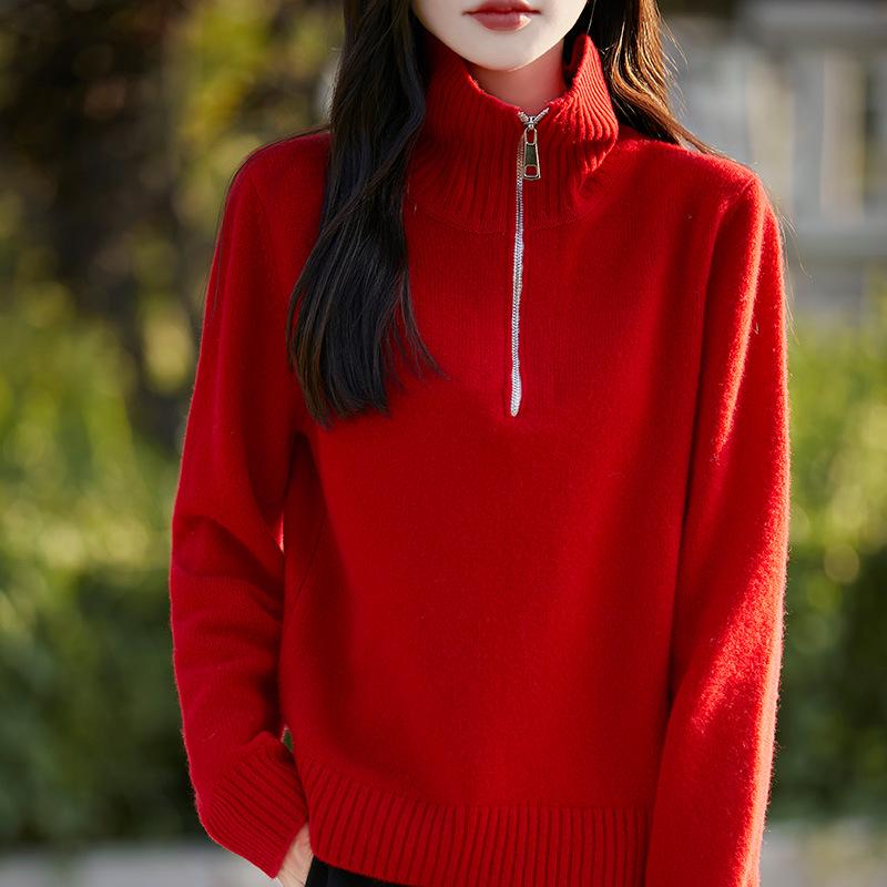 Women's Pure Australian Wool Half-Zipper Casual Lapel Sweater - Long-Sleeved & Thickened Base Layer
