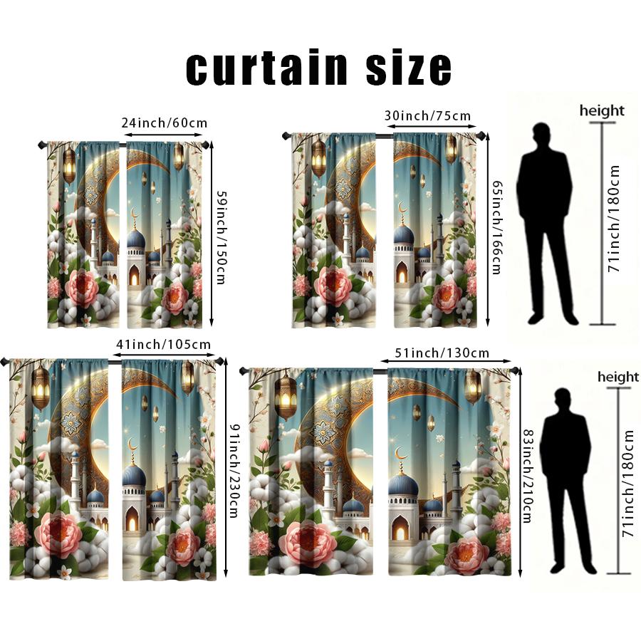 2PCS Soft Color Islamic Temple Flower Curtains   Fresh Wind   Bedroom and Living Room   Drawbar Pocket Decorative Curtains