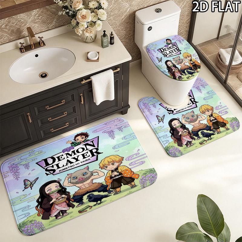 Demon Slayer Art 3Pcs Flannel Toilet Mat Set Bathroom Rug Bath Carpet Non Slip Home Decor Toilet 3 Pcs Bathroom Textile Set