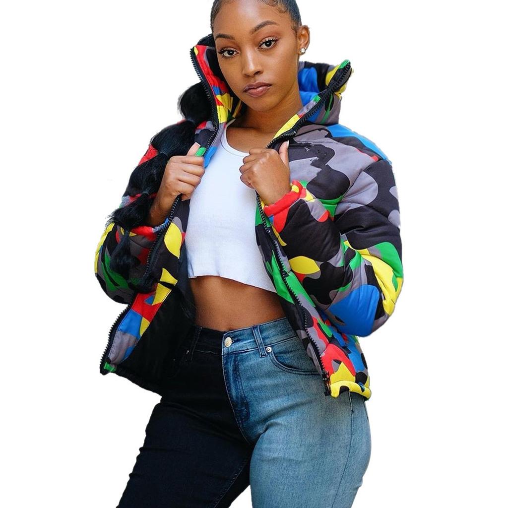 Unisex Long Sleeve Glossy Camouflage Bread Down Jacket Zipper Pockets Coat